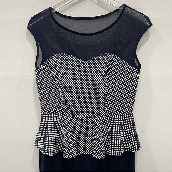 Enfocus Studio Sheer Yoke Polka Dot Peplum Dress Pencil Skirt Size 8 Navy Blue - Picture 3 of 9